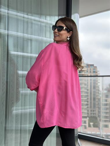 Pembe Tek Cepli Oversize Kadın Gömlek