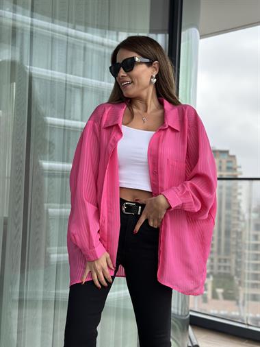 Pembe Tek Cepli Oversize Kadın Gömlek