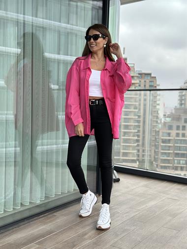 Pembe Tek Cepli Oversize Kadın Gömlek