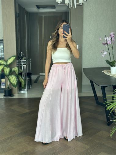 Pembe Ters Dikiş Parçalı Bağcıklı Geniş Paça Kadın Pantolon