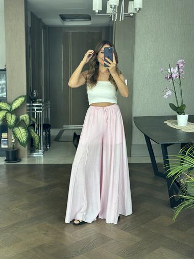 Pembe Ters Dikiş Parçalı Bağcıklı Geniş Paça Kadın Pantolon