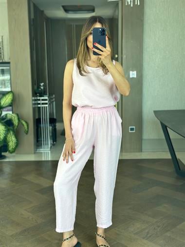 Pembe Bisiklet Yaka Sıfır Kol Bluz Pantolon Tnsl Alt Üst Takım