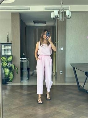 Pembe Bisiklet Yaka Sıfır Kol Bluz Pantolon Tnsl Alt Üst Takım