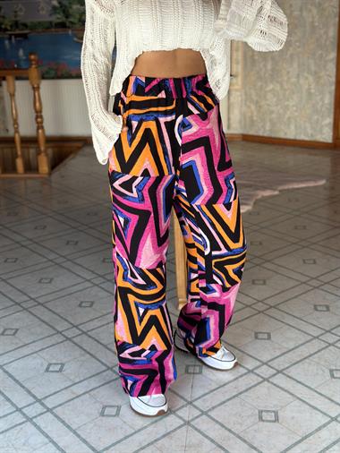 Pembe Turuncu Geometrik Desen Viskon Kumaş Yürüyüş Kadın Pantolon