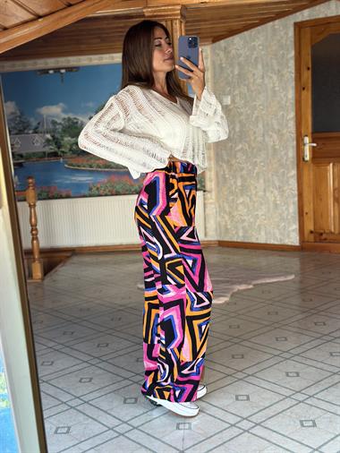 Pembe Turuncu Geometrik Desen Viskon Kumaş Yürüyüş Kadın Pantolon