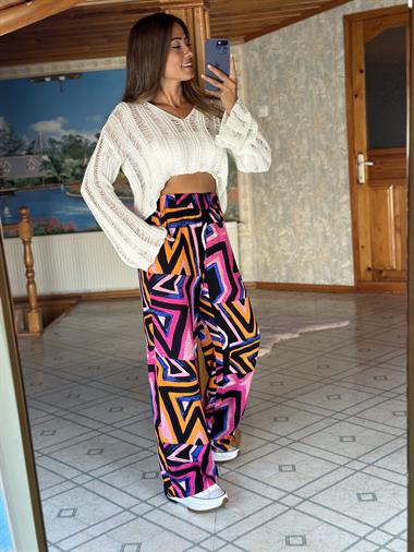 Pembe Turuncu Geometrik Desen Viskon Kumaş Yürüyüş Kadın Pantolon