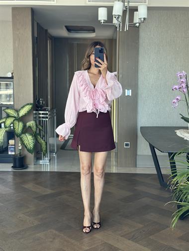 Pembe Uzun Kol Fırfır Detaylı Bağlamalı Kadın Bluz