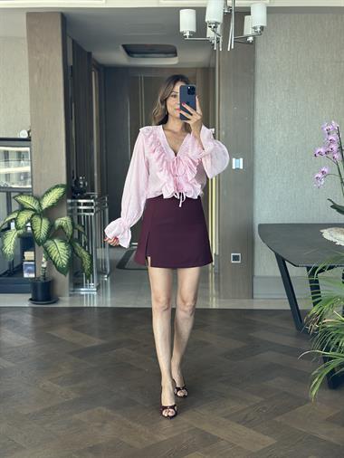 Pembe Uzun Kol Fırfır Detaylı Bağlamalı Kadın Bluz