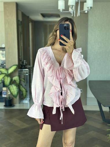 Pembe Uzun Kol Fırfır Detaylı Bağlamalı Kadın Bluz
