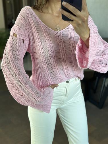Pembe V Yaka Dekolteli Geniş Kol Triko Kadın Kazak