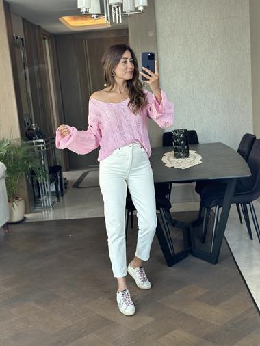 Pembe V Yaka Dekolteli Geniş Kol Triko Kadın Kazak