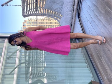 Pembe V Yaka Ham Keten Cepli Kadın Elbise