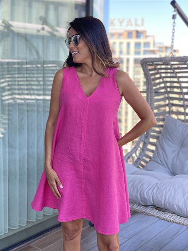 Pembe V Yaka Ham Keten Cepli Kadın Elbise