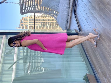 Pembe V Yaka Ham Keten Cepli Kadın Elbise