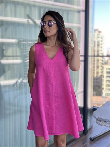 Pembe V Yaka Ham Keten Cepli Kadın Elbise