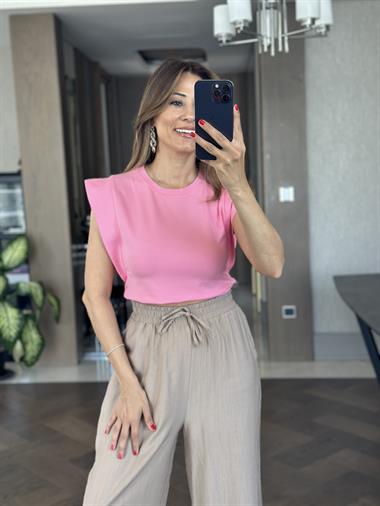 Pembe Vatka Görünümlü Sıfır Kol Kadın Crop Body