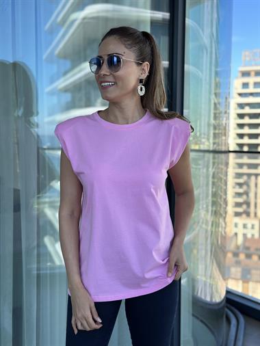 Pembe Vatkalı Basic Kadın T-Shirt