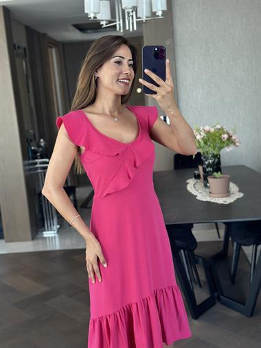 Fuşya Yaka Volanlı Aerobin Kadın Elbise