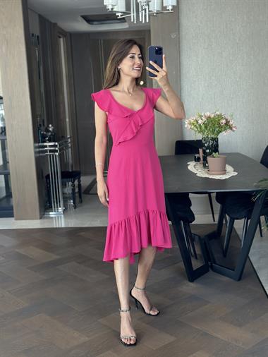 Fuşya Yaka Volanlı Aerobin Kadın Elbise