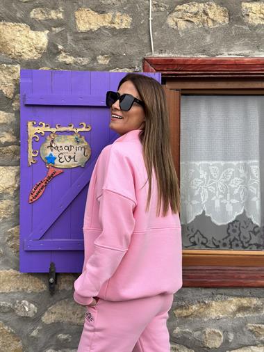 Pembe Yarım Fermuarlı 98 Baskılı Üç İplik Kadın Eşofman Takımı