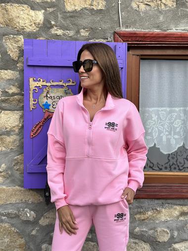 Pembe Yarım Fermuarlı 98 Baskılı Üç İplik Kadın Eşofman Takımı