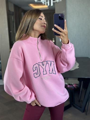 Pembe Yarım Fermuarlı NYC Baskılı Kadın Sweatshirt