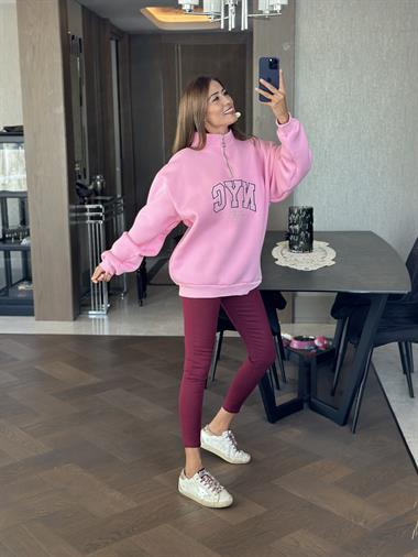 Pembe Yarım Fermuarlı NYC Baskılı Kadın Sweatshirt