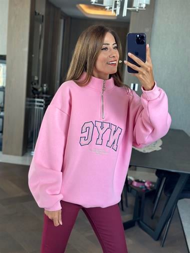Pembe Yarım Fermuarlı NYC Baskılı Kadın Sweatshirt