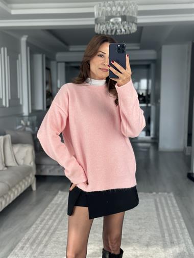 Pembe Yumoş Bisiklet Yaka Oversize Kadın Triko Kazak