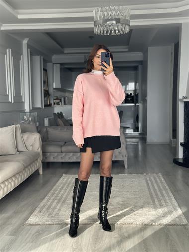 Pembe Yumoş Bisiklet Yaka Oversize Kadın Triko Kazak
