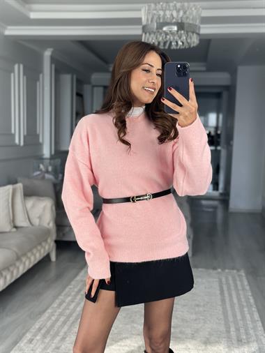 Pembe Yumoş Bisiklet Yaka Oversize Kadın Triko Kazak