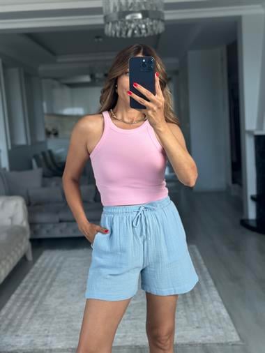 Pembe Yüzücü Yaka Crop Top Kadın Body