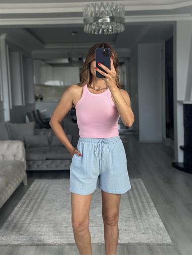 Pembe Yüzücü Yaka Crop Top Kadın Body