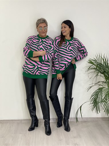 Pembe Zebra Desen Bisiklet Yaka Kadın Triko Kazak