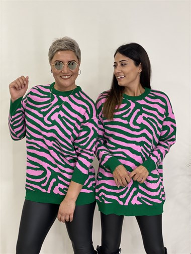 Pembe Zebra Desen Bisiklet Yaka Kadın Triko Kazak