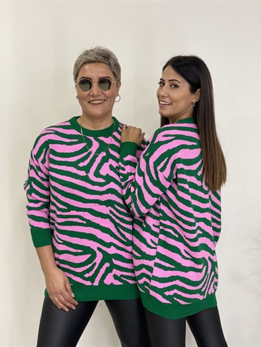 Pembe Zebra Desen Bisiklet Yaka Kadın Triko Kazak