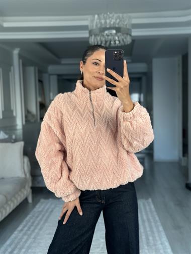 Pembe Zikzak Desenli Yarım Fermuarlı  Peluş Kadın Sweatshirt