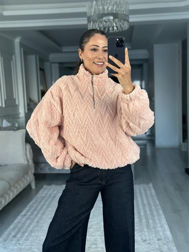 Pembe Zikzak Desenli Yarım Fermuarlı  Peluş Kadın Sweatshirt