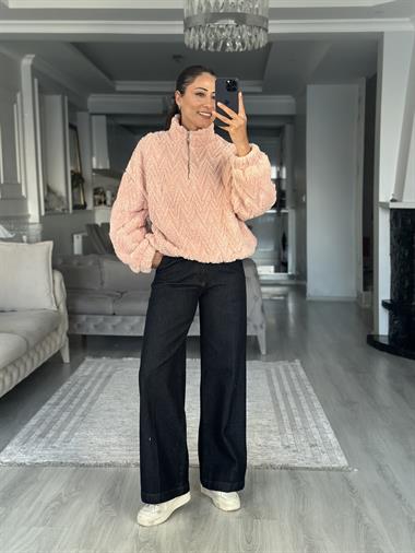 Pembe Zikzak Desenli Yarım Fermuarlı  Peluş Kadın Sweatshirt