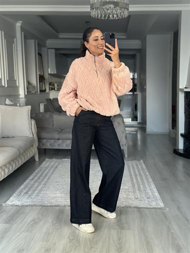 Pembe Zikzak Desenli Yarım Fermuarlı  Peluş Kadın Sweatshirt