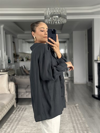 Vintage Lacivert Düşük Omuzlu Oversize Kadın Gömlek