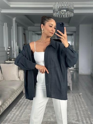 Vintage Lacivert Düşük Omuzlu Oversize Kadın Gömlek