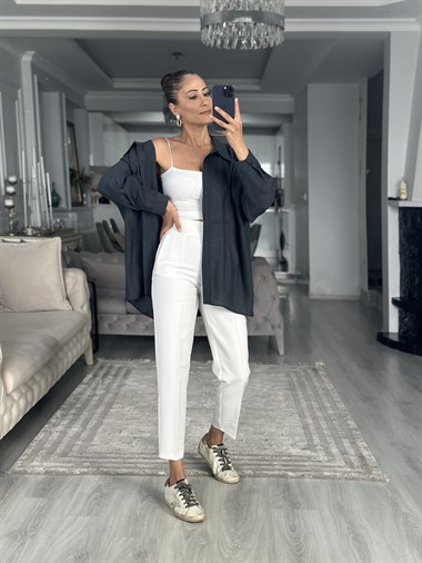 Vintage Lacivert Düşük Omuzlu Oversize Kadın Gömlek