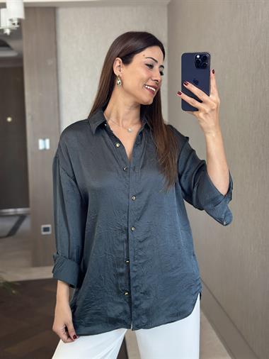 Petrol Kırışık Saten Uzun Kol Kadın Gömlek