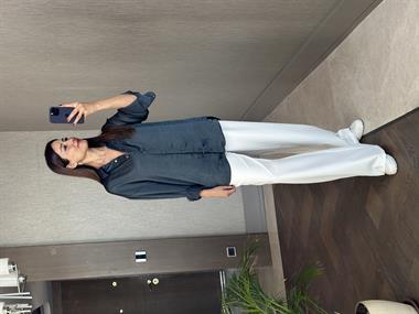 Petrol Kırışık Saten Uzun Kol Kadın Gömlek