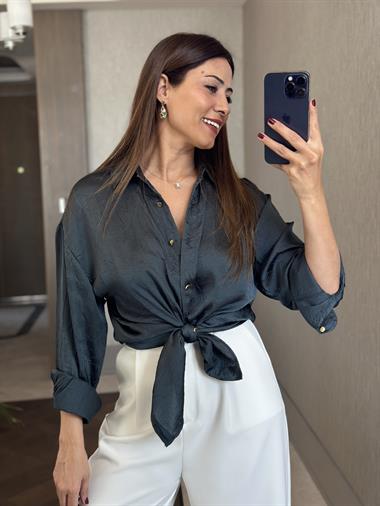 Petrol Kırışık Saten Uzun Kol Kadın Gömlek