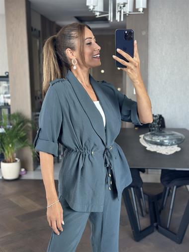 Petrol Orjinal Marka Bağcık Detay Şal Yaka Ceket Pantolon Kadın Alt Üst Takım