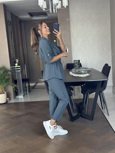 Petrol Orjinal Marka Bağcık Detay Şal Yaka Ceket Pantolon Kadın Alt Üst Takım