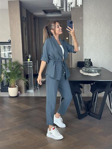 Petrol Orjinal Marka Bağcık Detay Şal Yaka Ceket Pantolon Kadın Alt Üst Takım