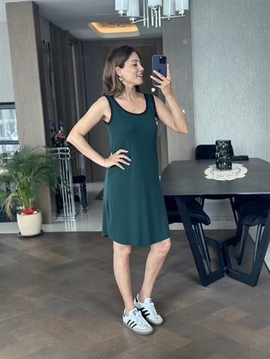 Petrol Yeşili Ön Arka U Yaka Kalın Askılı Kaşkorse Kadın Elbise 